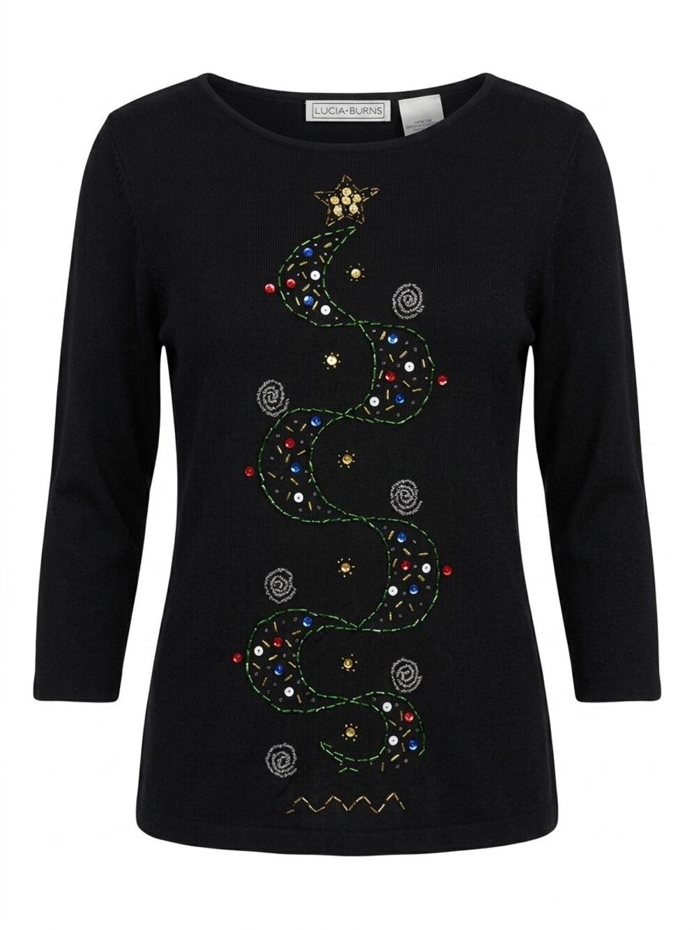 Vintage Lucia Burns Black Beaded Christmas Tree Knit Top Women Size M